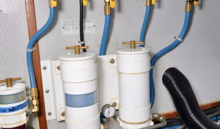 36 Selene Engine room- Fuel manifold and Dual Racor filters