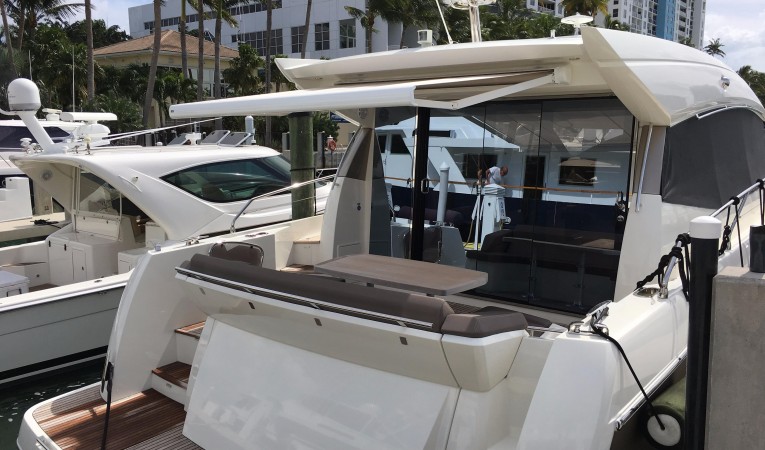 50 Prestige Aft deck with Sun awning extended