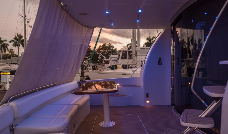 56 Carver Cockpit Sun Shade, NuTeak Deck, Blue LED Lights