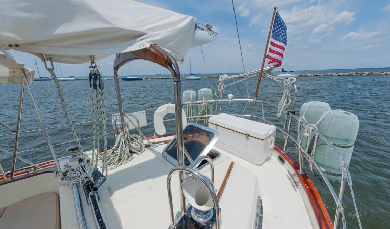 42 Westsail Boom Gallows & Large Cooler aft deck