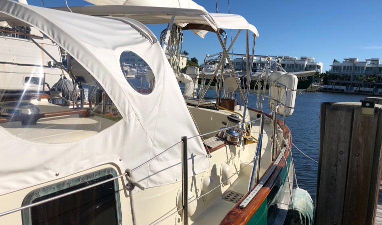 42 Westsail Port side view of the dodger and Bimini