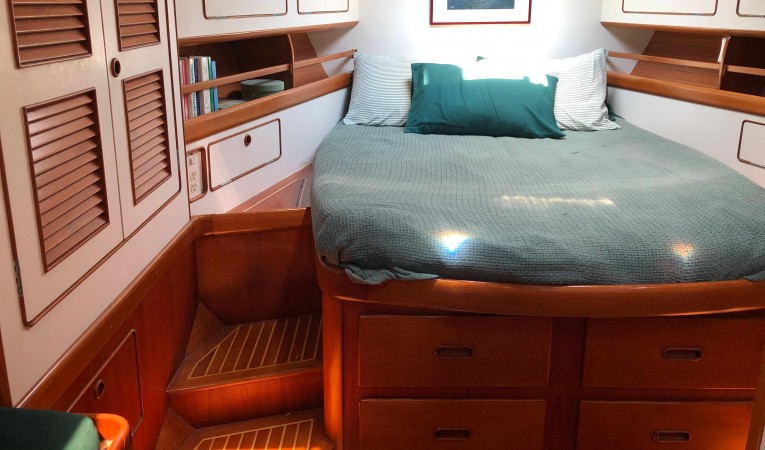 54 Little Harbor Forward stateroom, ample storage, cabinets and drawers under the berth
