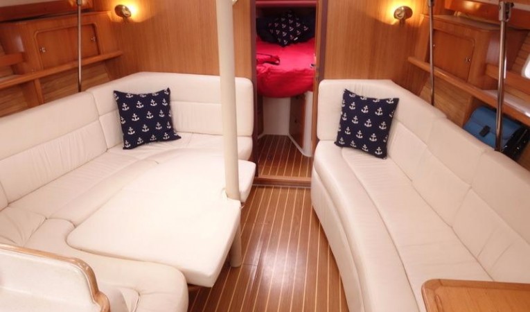 38 Catalina Settee with bed made and Starboard bunk
