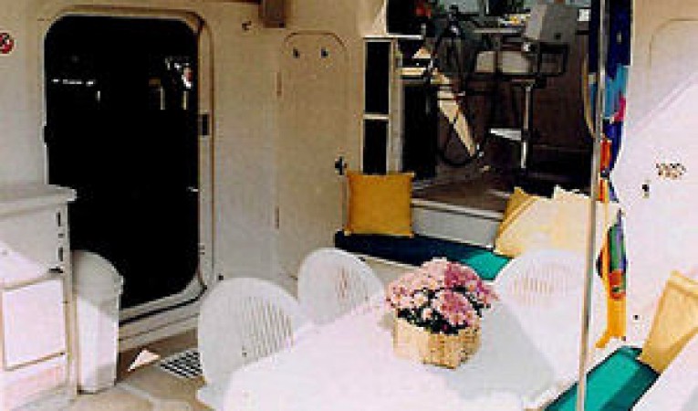 65 Woodwind Kurt Hughes Custom Catamaran Cockpit Dining