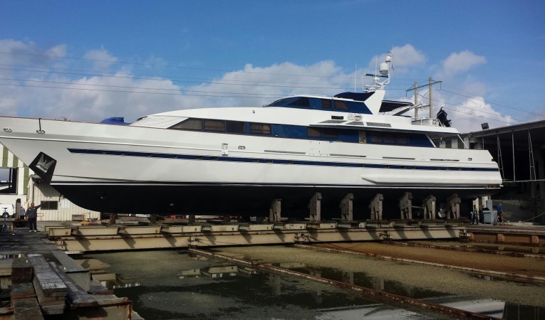 125 Royal Huisman Port side, on the hard for bottom paint.