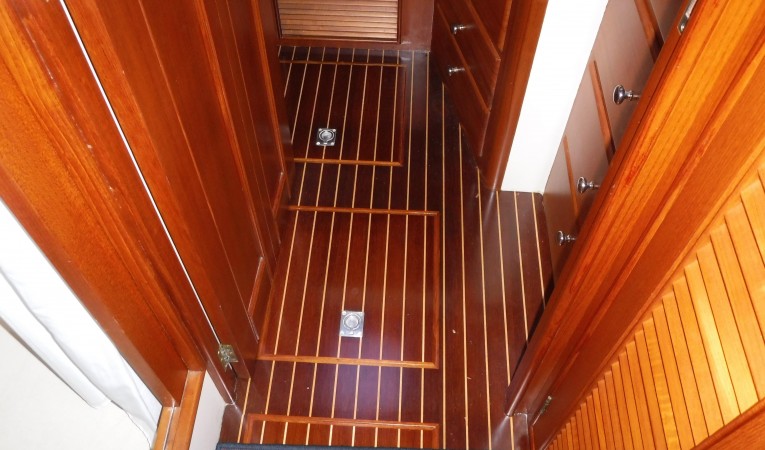 38 Grand Banks Refinished cabin sole.