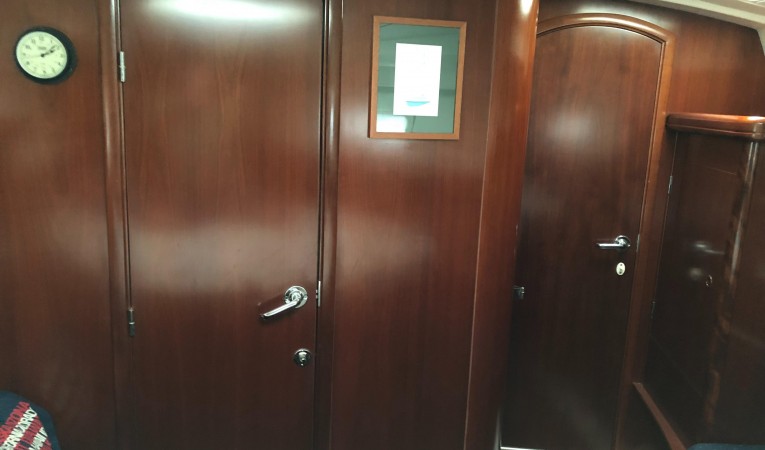 42 Beneteau America Forward stateroom with the door to main cabin closed