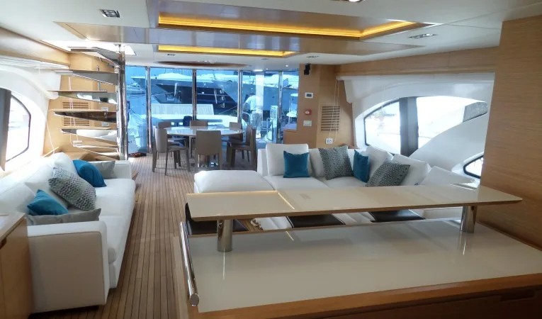100 Azimut Starboard Side Dinette and Table,  Settee on Port Side. Large Windows