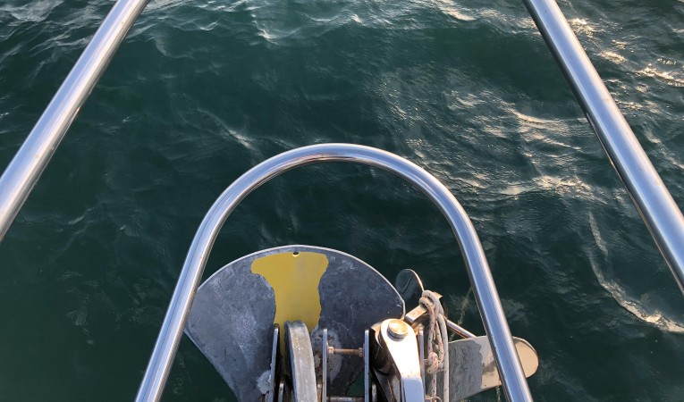 48 Tayana Bow rail and CQR and Rocna type anchor on bow rollers