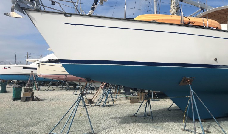 48 Tayana In the yard for fresh bottom paint and shaft maintenance