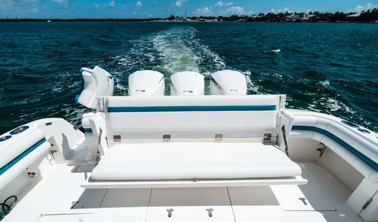 43 Intrepid Cockpit Seating Down and Transom Door Open