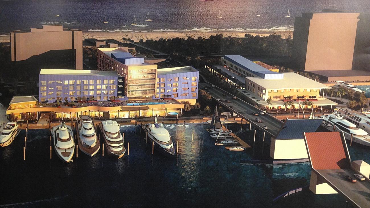This view of a proposed development of the Las Olas Marina with a 220-room hotel to the left, on the north side of Las Olas Boulevard, and a restaurant, office and parking complex to the right, on the south side of Las Olas.