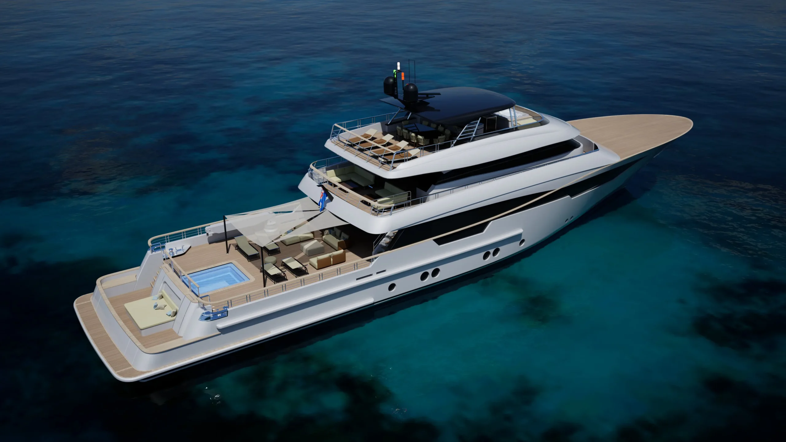 Project Freedom Leisure version, aerial view showing aft pool and lounge deck